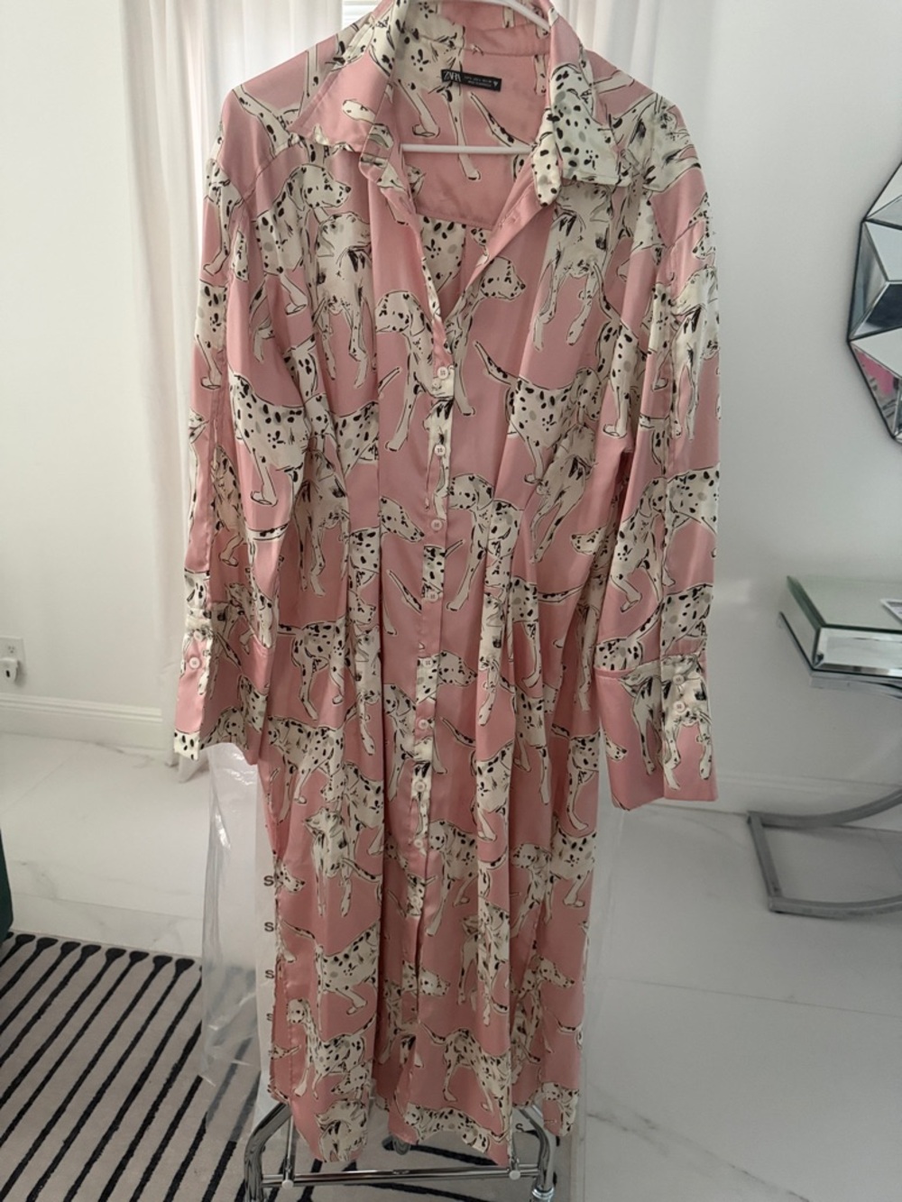 Zara Pink Satin Dalmatian-Print Long-Sleeve Button Dress Size L